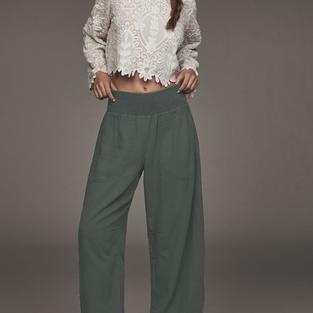 Pilcro Forest Olive Wide-Leg Smocked-Waist Pants